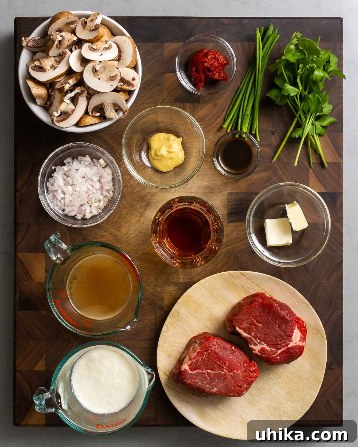 Podcast 37: 10 Game-Changing Tips for Beginner Cooks 2 Mise en place example showing: mushrooms, tomato paste, herbs, mustard, shallot, wine, butter, stock, cream, and filet mignon.