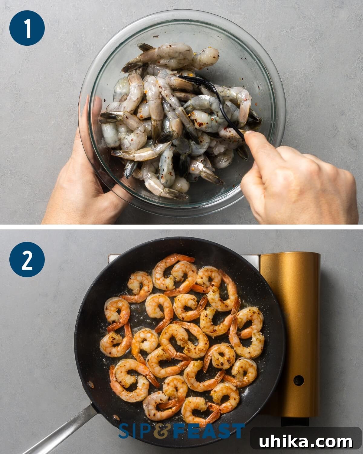 Mediterranean Shrimp and Feta Orzo 4 Orzo with shrimp and feta recipe process shot collage group one showing mixing shrimp in bowl and searing shrimp in a pan.