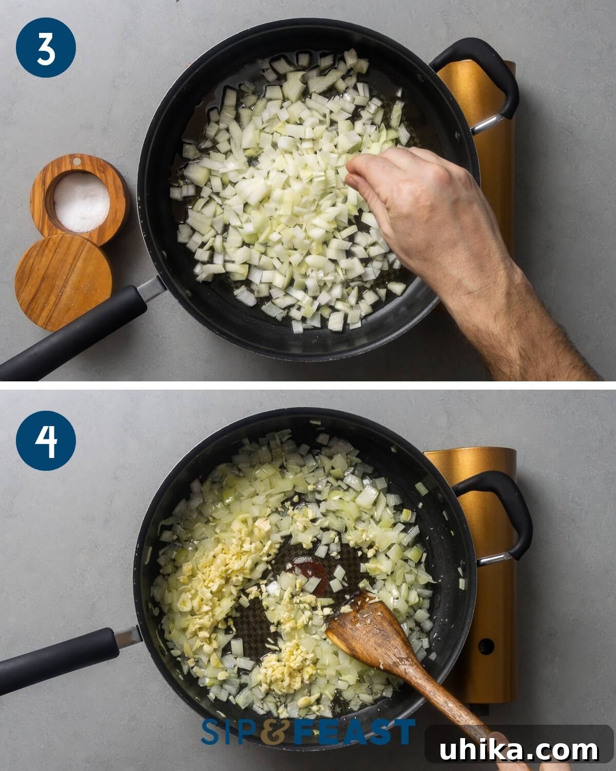 Mediterranean Shrimp and Feta Orzo 5 Recipe collage two showing sauteing of onions and adding garlic to the pan.
