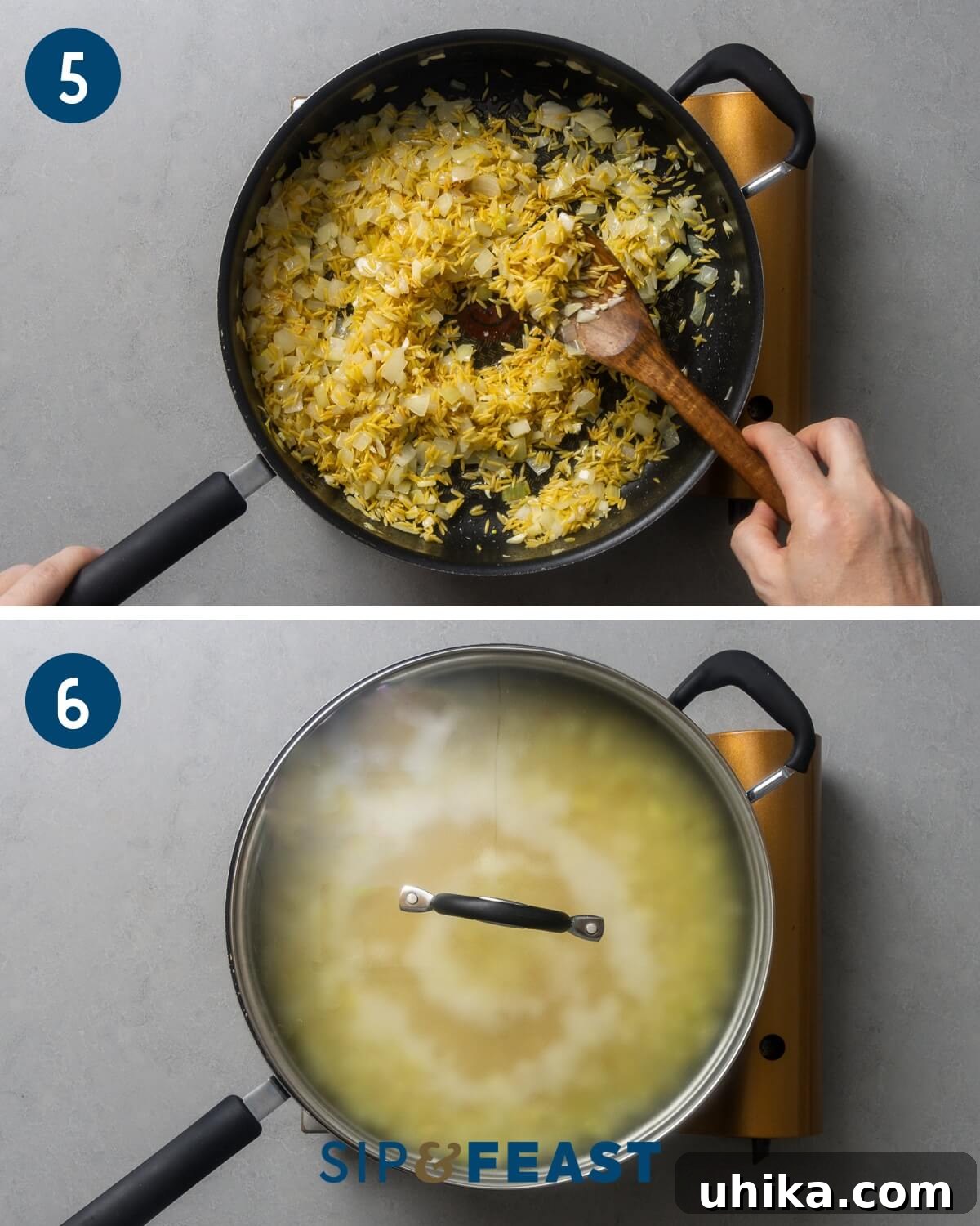 Mediterranean Shrimp and Feta Orzo 6 Recipe collage three showing sauteing orzo in the pan and covering pan with a lid.