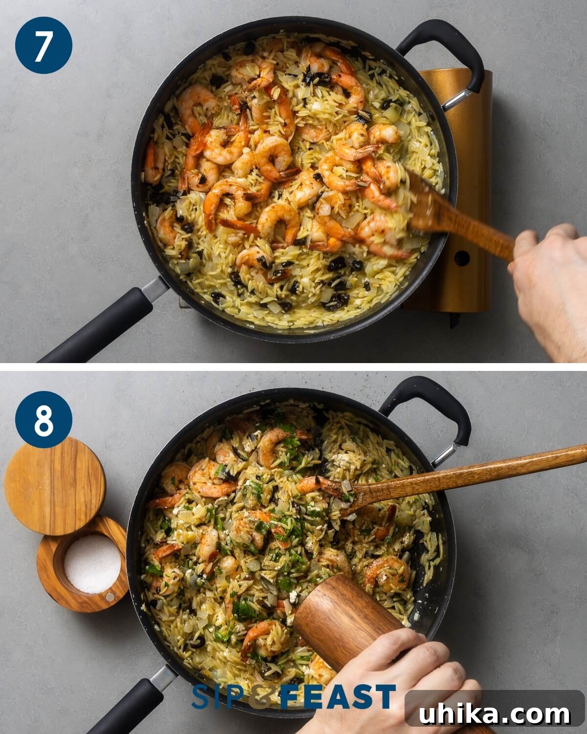Mediterranean Shrimp and Feta Orzo 7 Recipe collage four showing mixing cooked shrimp into orzo and adding feta along with seasoning with salt and pepper.