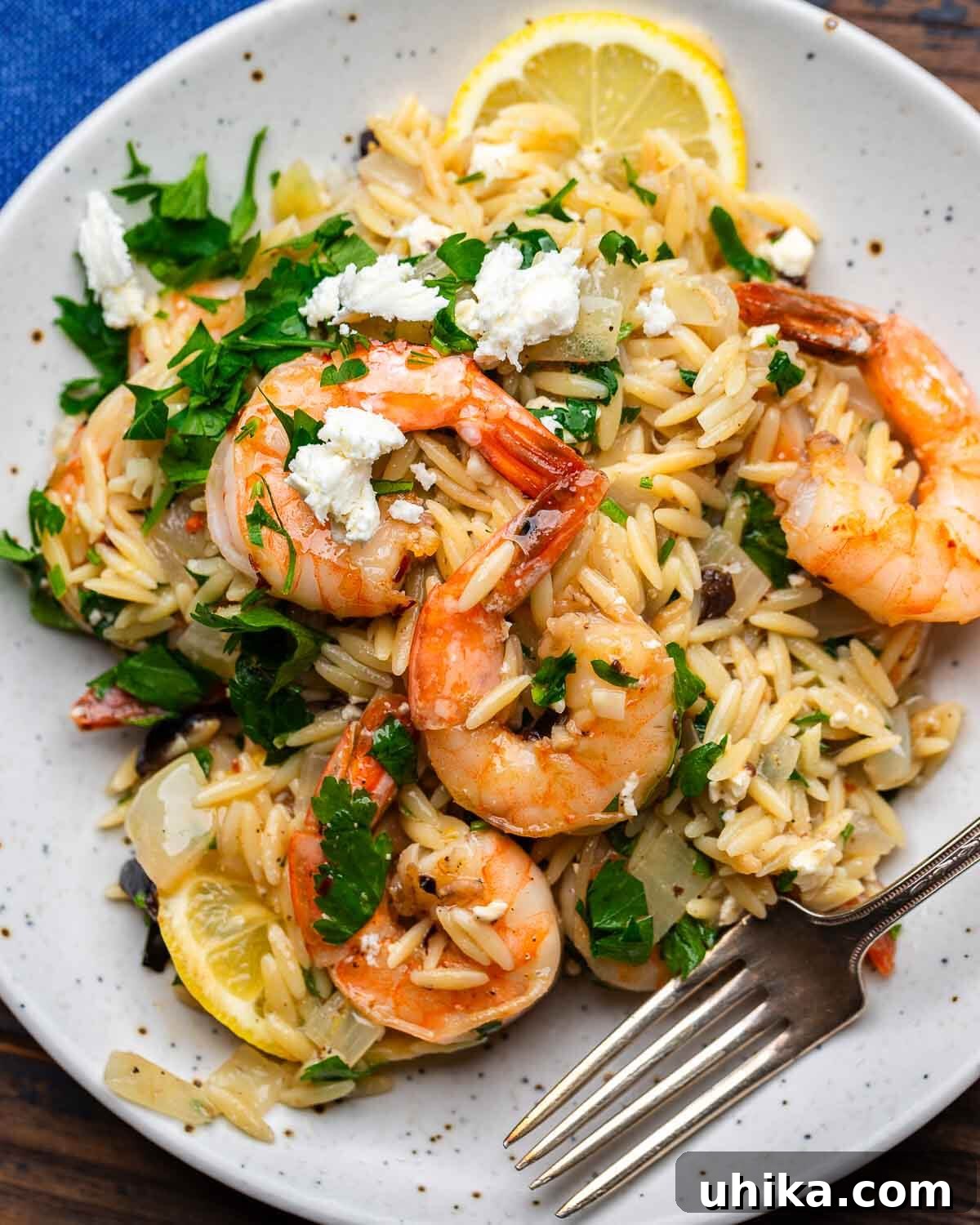 Mediterranean Shrimp and Feta Orzo 8 White plate with orzo topped with shrimp and parsley.