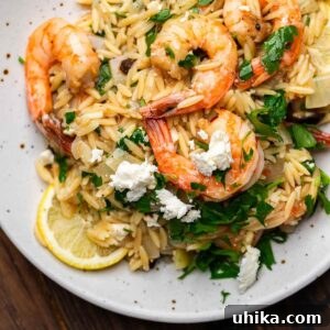 Orzo with shrimp and feta in white plate.