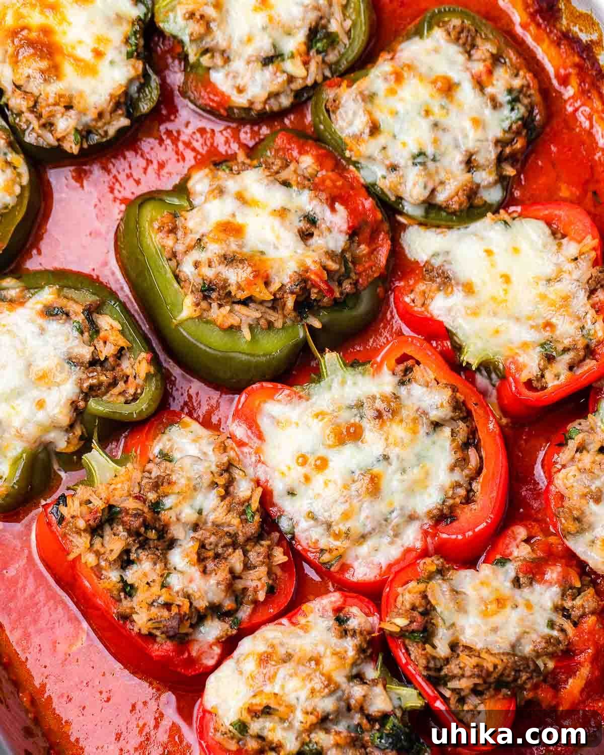 Tuscan Harvest Bells 2 Overhead shot of red and green Italian stuffed peppers, perfectly baked and ready to serve.