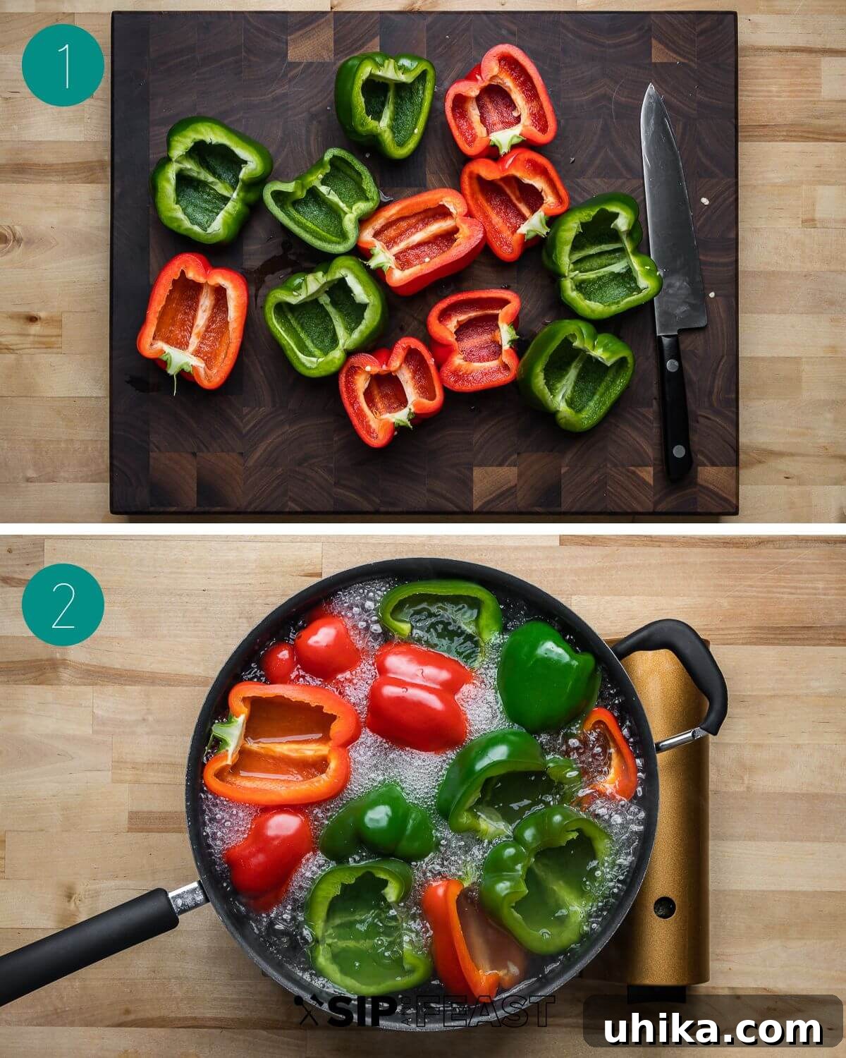 Tuscan Harvest Bells 4 Italian stuffed peppers recipe process shot collage, detailing the initial preparation steps like slicing peppers and preparing herbs.
