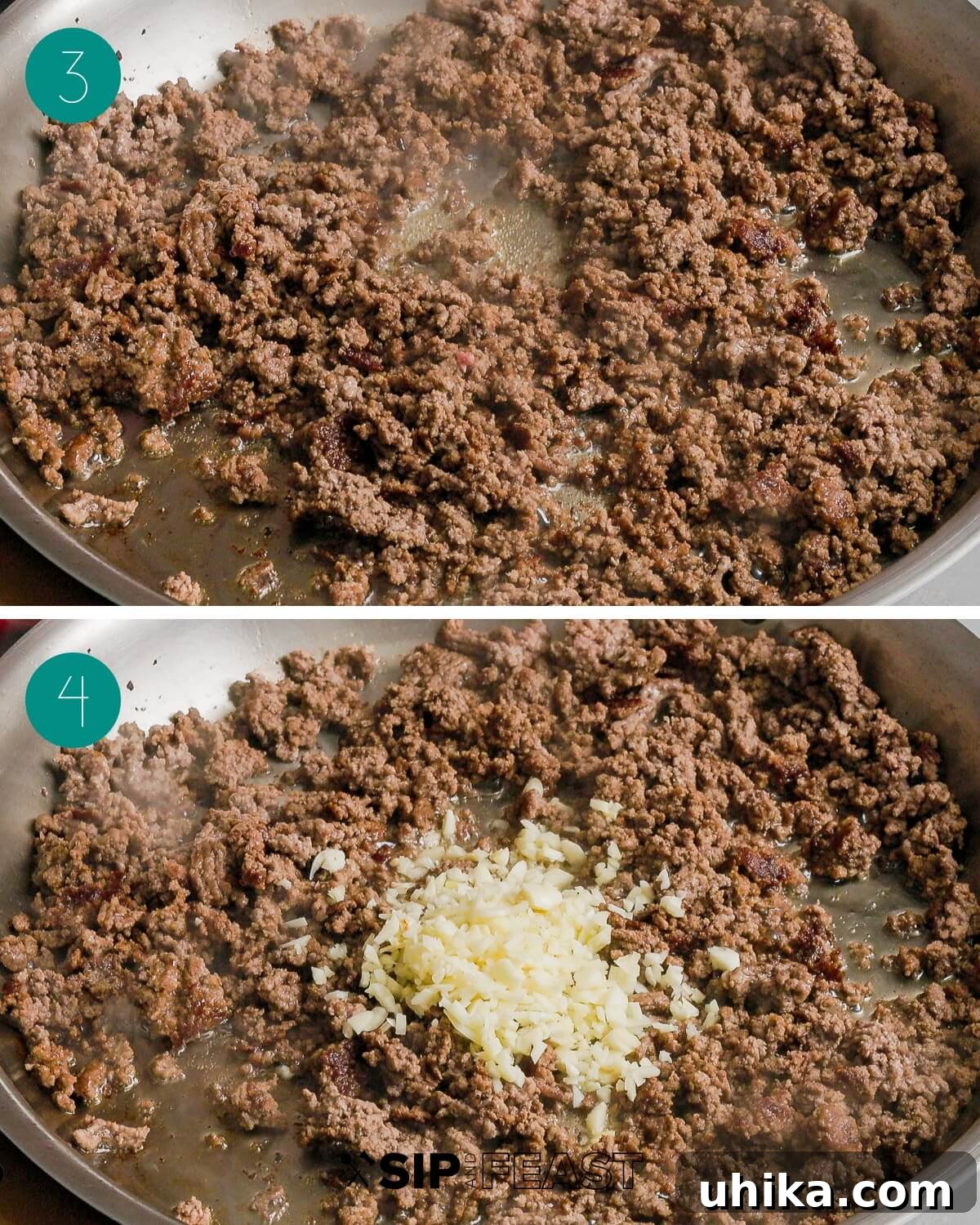Tuscan Harvest Bells 5 Recipe process shot collage showing the browning of ground beef for the stuffing.