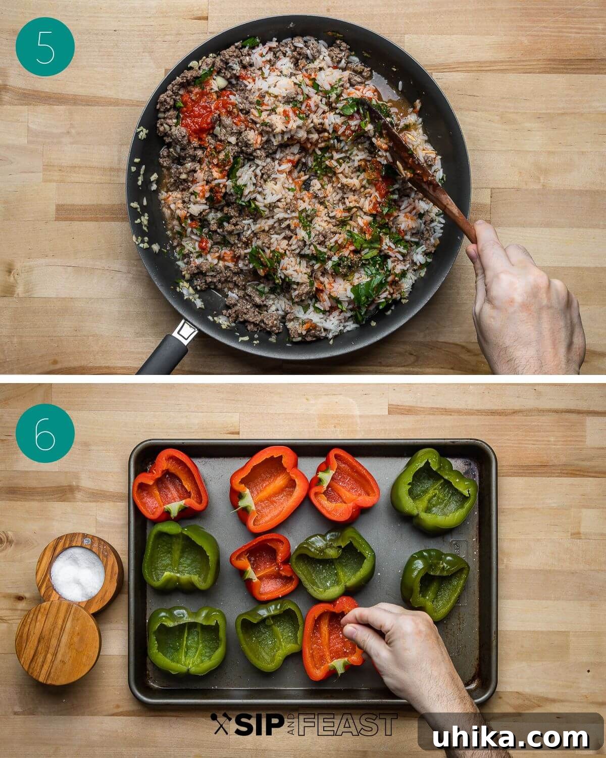 Tuscan Harvest Bells 6 Recipe process shot collage depicting the mixing of the savory stuffing ingredients.