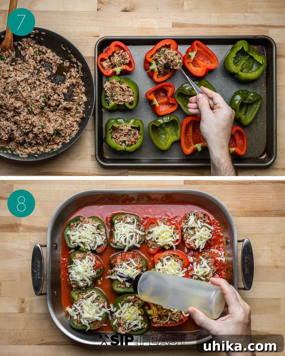 Tuscan Harvest Bells 7 Recipe process shot collage illustrating the stuffing and arrangement of peppers in a baking dish.