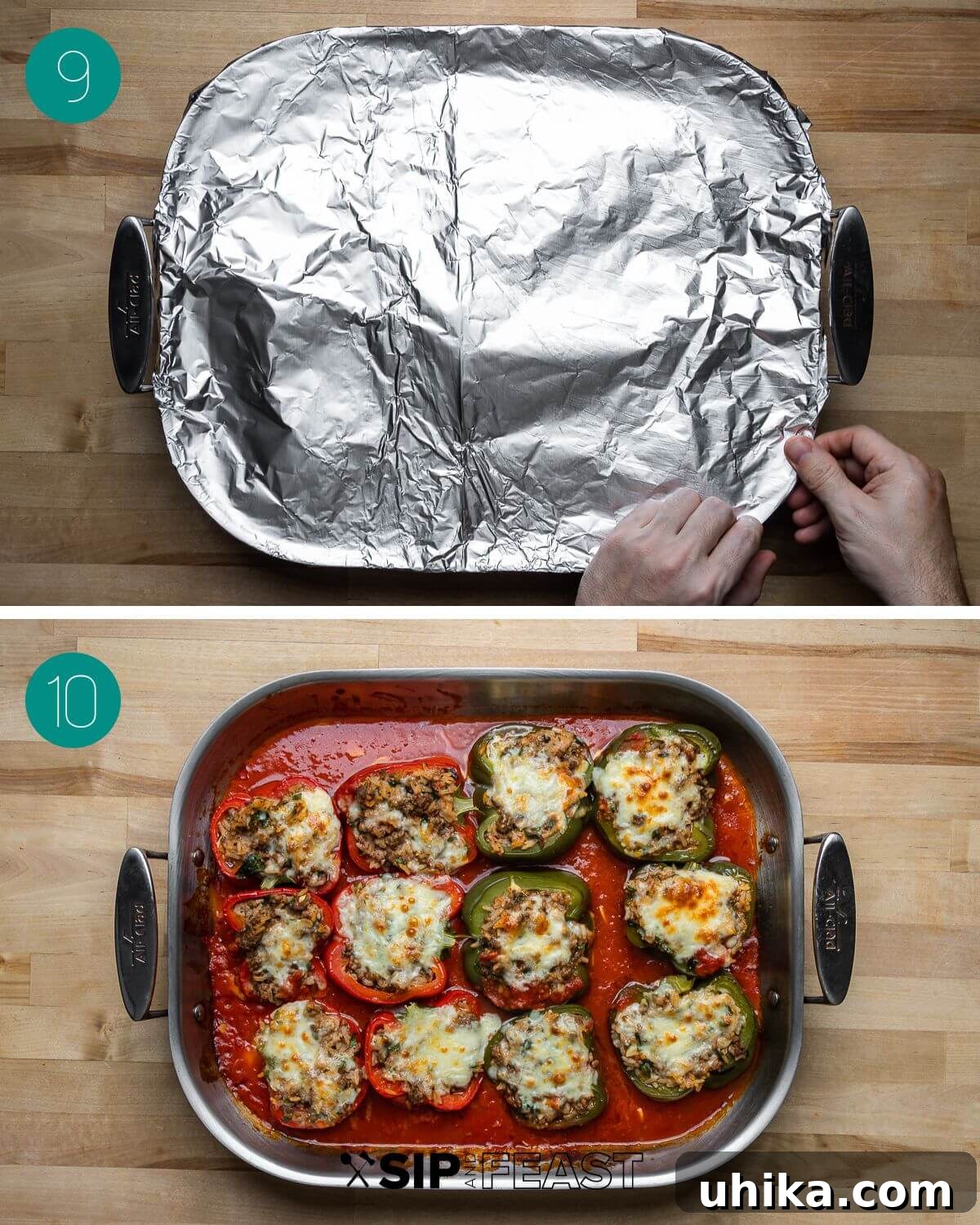Tuscan Harvest Bells 8 Recipe process shot collage demonstrating the covering and initial baking of the stuffed peppers.