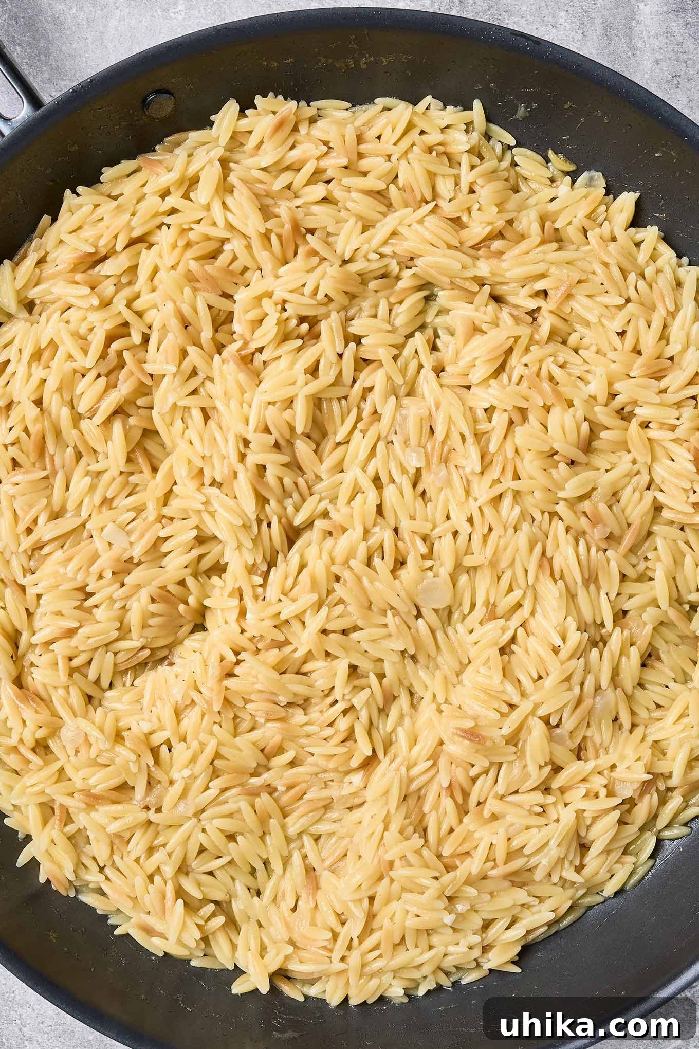 Cooked orzo in a skillet, tender and fluffy after simmering in chicken broth for shrimp scampi with orzo.