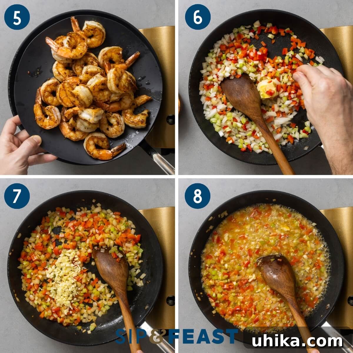 Southern Comfort Shrimp and Grits 5 Recipe collage showing cooked shrimp resting on a plate, vegetables like bell pepper, celery, and onion sautéing in a pan with butter, and chicken stock being added to the pan to create a flavorful sauce.