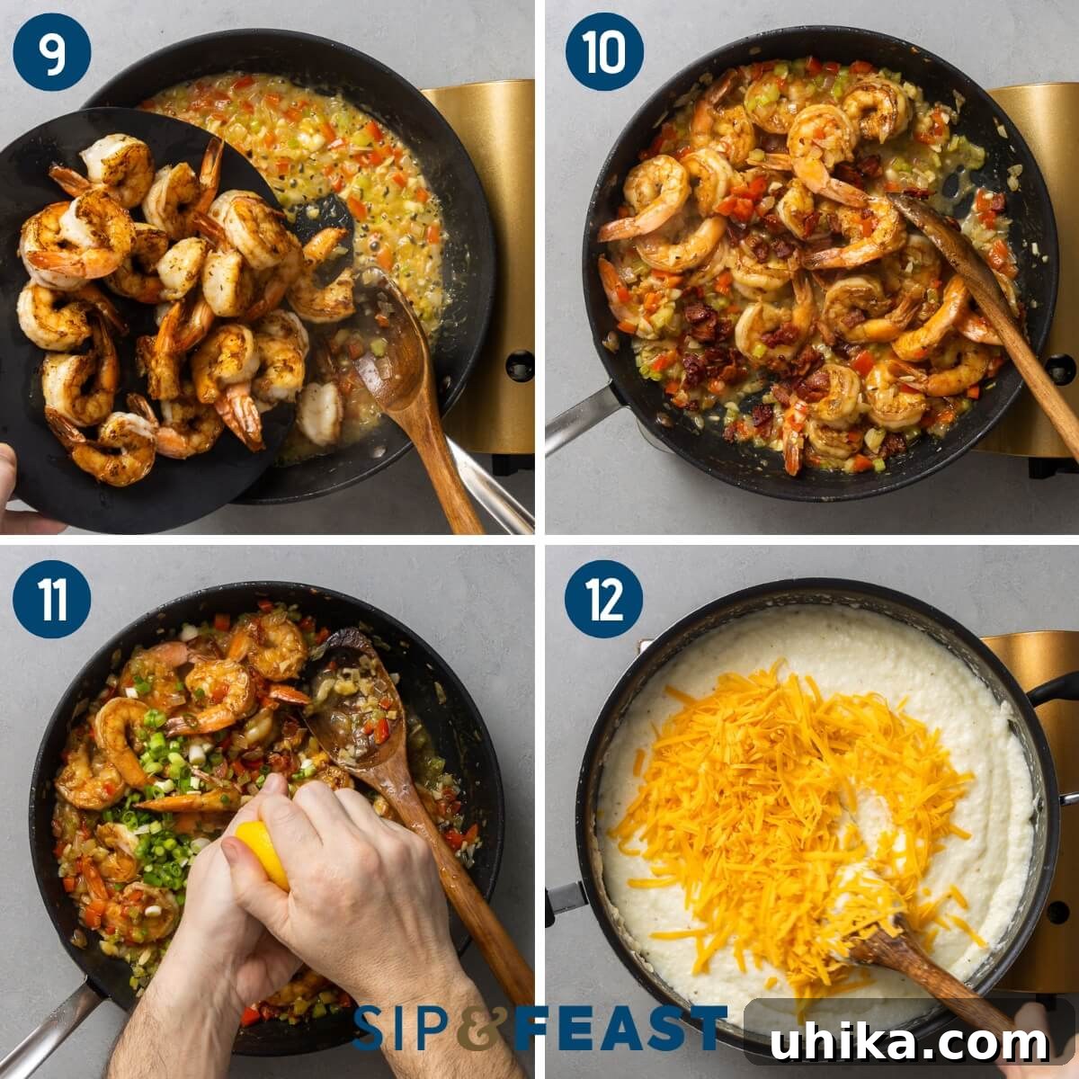 Southern Comfort Shrimp and Grits 6 A visual sequence of shrimp and grits preparation: shrimp and bacon being returned to the pan with the sauce, fresh lemon juice being squeezed into the pan, and shredded cheddar cheese melting into the creamy grits.