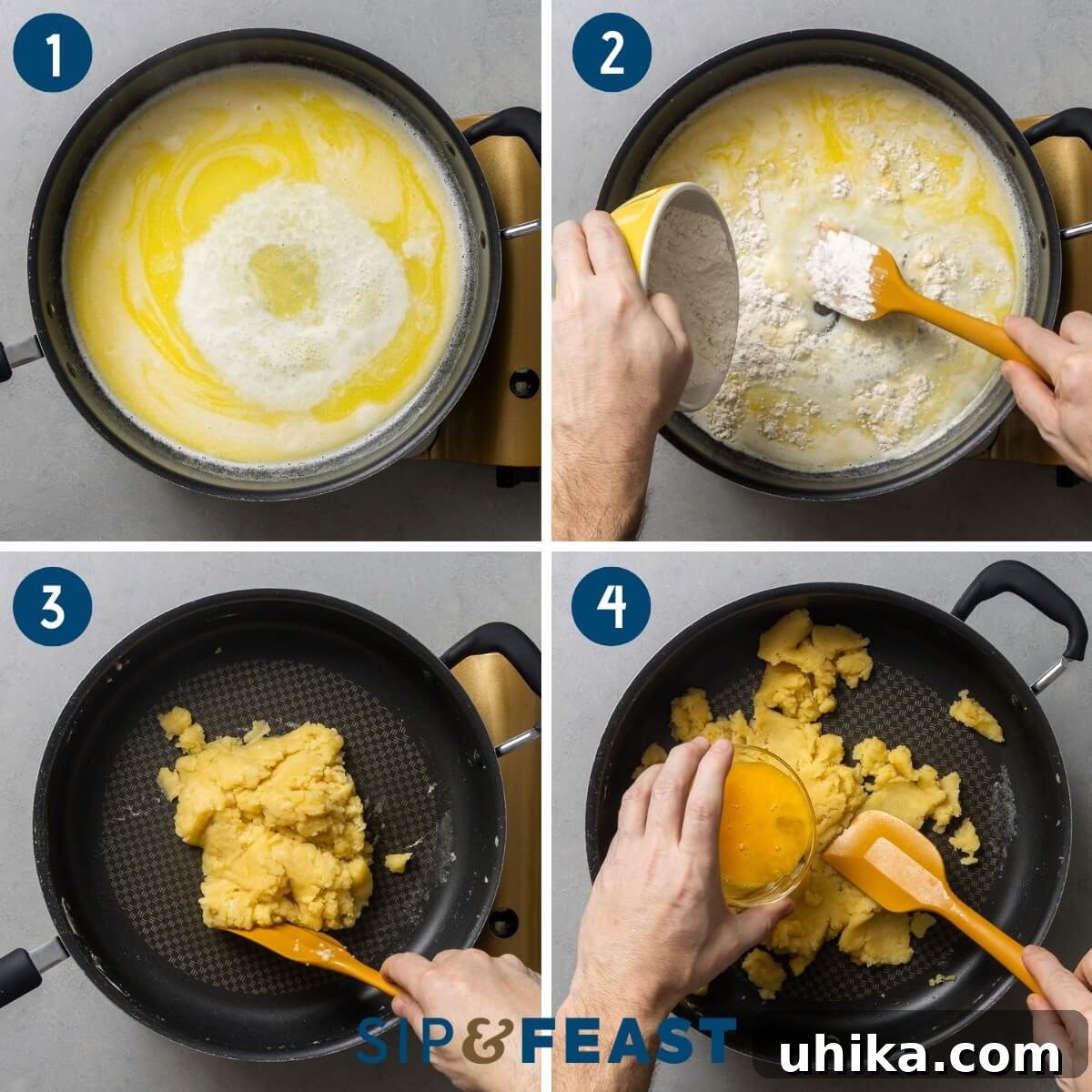 St. Joseph's Day Zeppole 5 A visual guide to making choux pastry: boiling butter, milk, sugar, and water; adding flour and stirring vigorously; and incorporating eggs one by one.