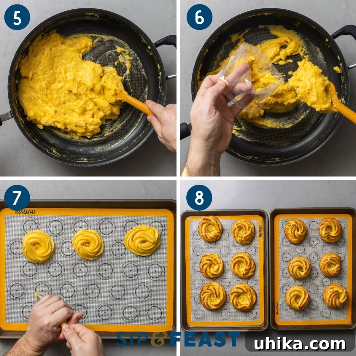 St. Joseph's Day Zeppole 6 A visual guide to piping and baking choux pastry: filling a piping bag, piping intricate circular shapes onto parchment-lined baking sheets, and the beautifully puffed and golden baked zeppole shells.