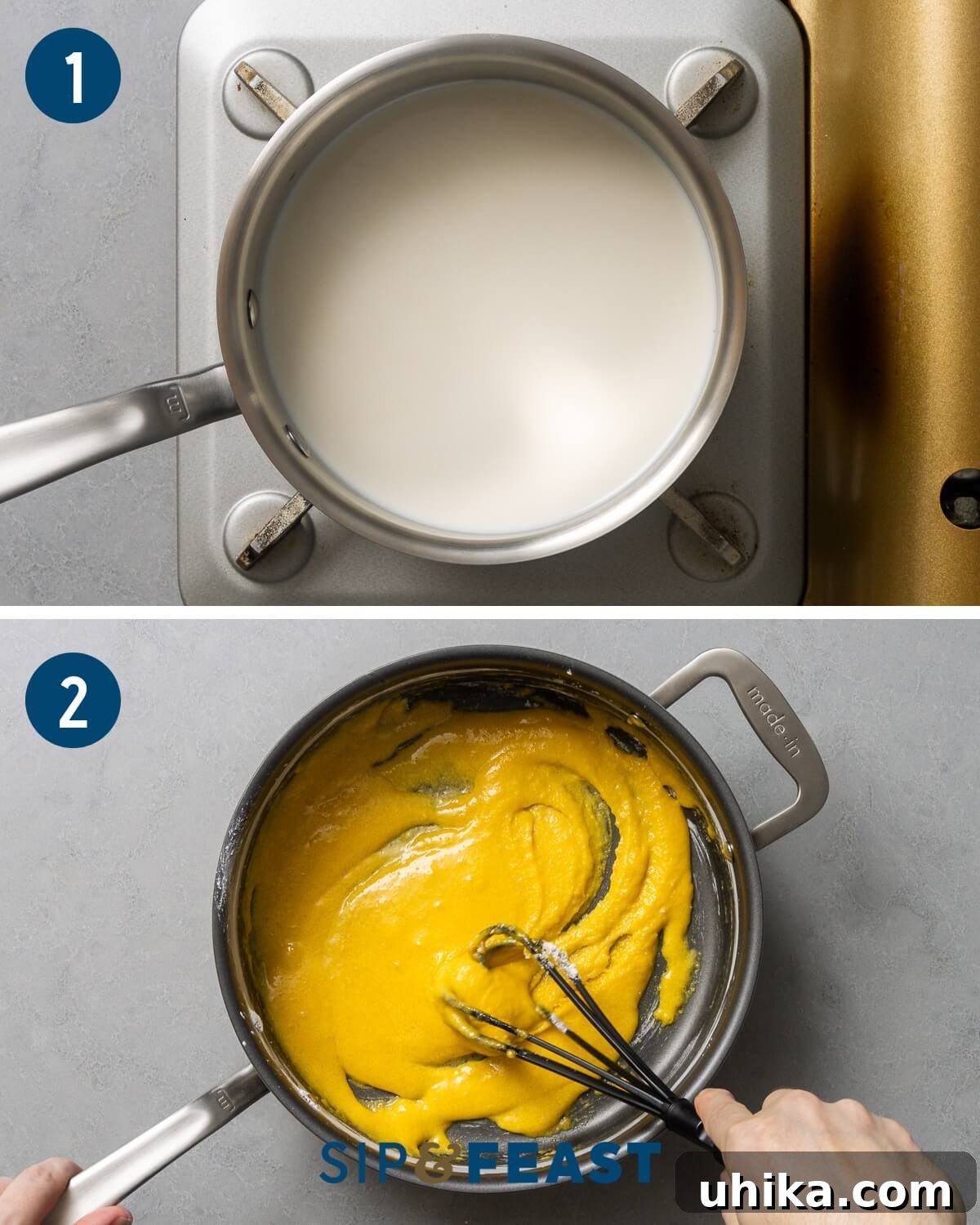 St. Joseph's Day Zeppole 7 Pastry cream preparation steps: warming milk with vanilla and whisking egg yolks, sugar, and cornstarch in a separate pan.