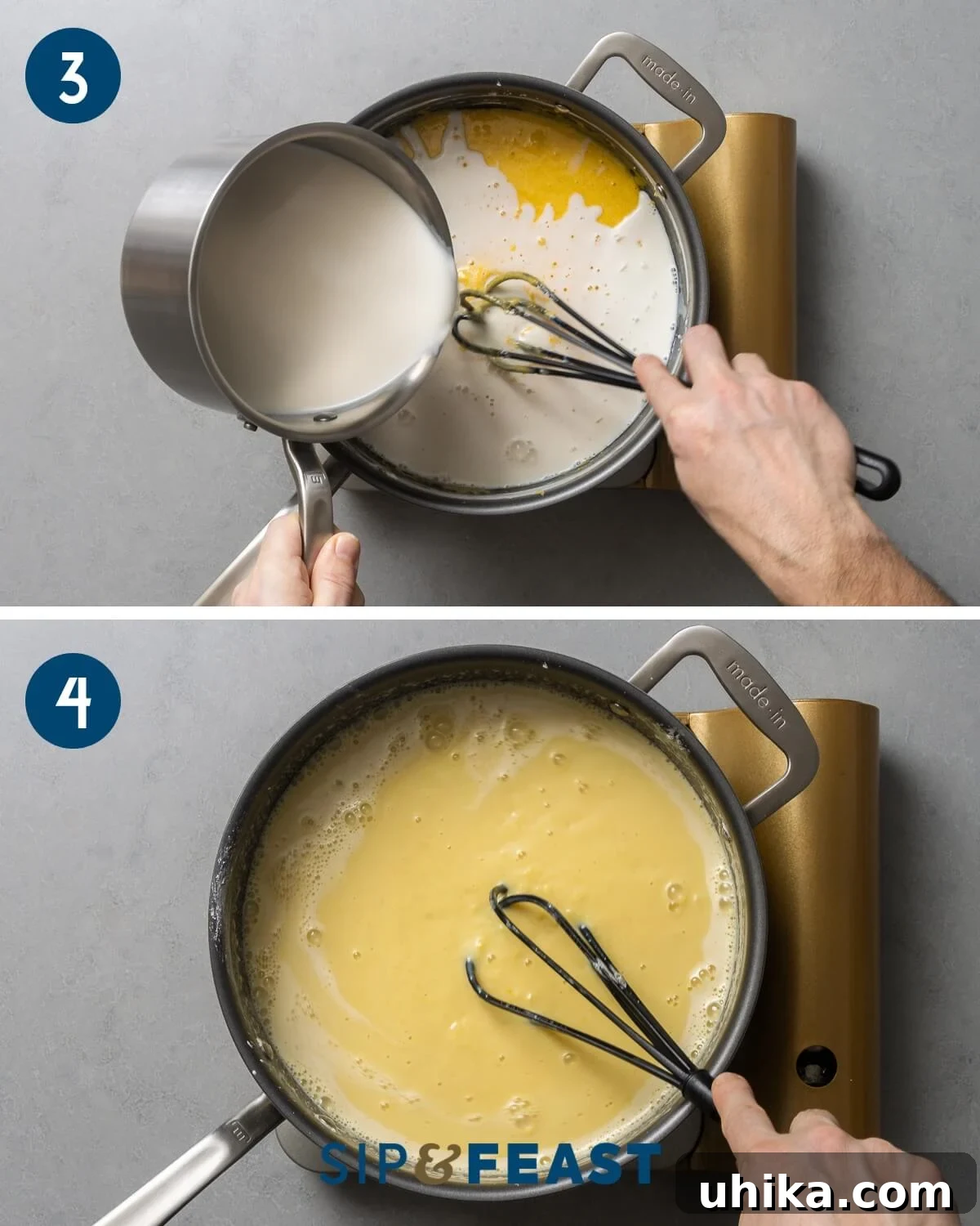 St. Joseph's Day Zeppole 8 Pastry cream thickening process: gradually adding warm milk to the egg yolk mixture and whisking it continuously over a burner until it begins to thicken.