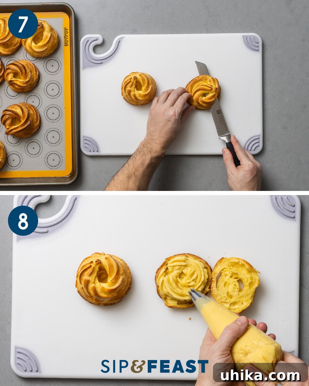 St. Joseph's Day Zeppole 10 Filling zeppole: showing a baked zeppola being cut in half and then generously filled with pastry cream using a piping bag with a star tip.