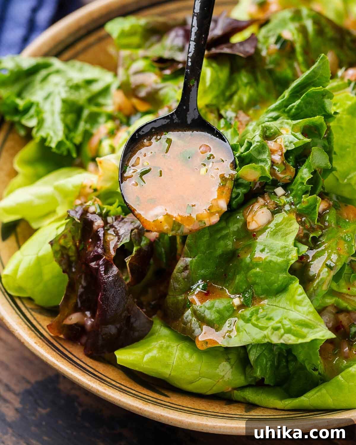French vinaigrette spooned over a vibrant green salad in a stylish bowl, highlighting its rich color and inviting texture.