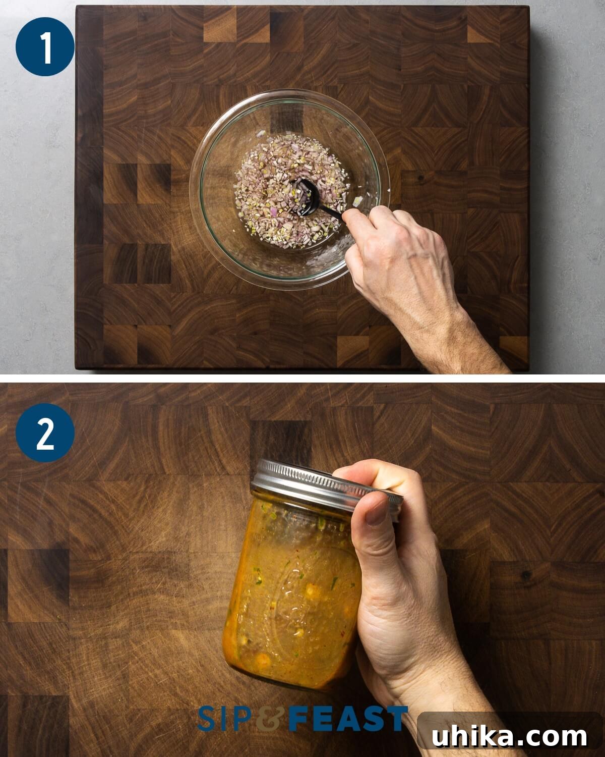 Process collage showing minced shallots infusing in champagne vinegar, followed by the complete vinaigrette being shaken vigorously in a mason jar, demonstrating the ease of preparation.
