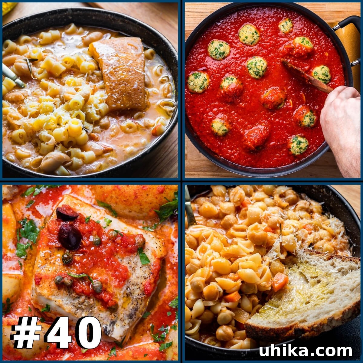 Five-Star Feasts on a Shoestring Budget Taste Tested 2 Collage of pasta fagioli, polpette di pane, baccala Napoletana, and pasta e ceci – examples of delicious, budget-friendly Italian meals.