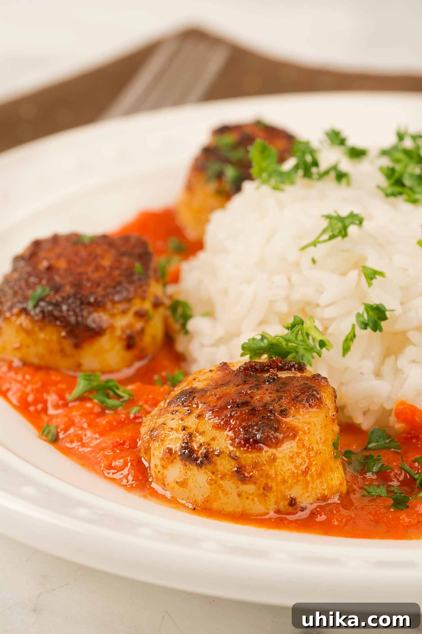 Perfectly Seared Scallops, Smoky Red Pepper Puree 3 A close view of paprika-crusted, pan-seared scallops in roasted red pepper sauce, with steamed white rice, garnished with chopped parsley.