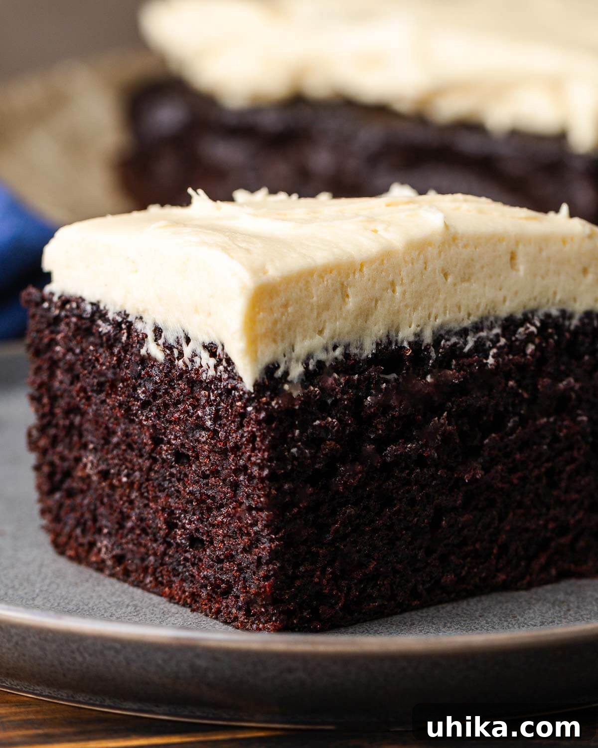 Velvet Guinness Chocolate Cake with Baileys Irish Cream Frosting 2 A delectable slice of Chocolate Guinness Cake with Baileys Buttercream Frosting on a simple grey plate, ready to be enjoyed.