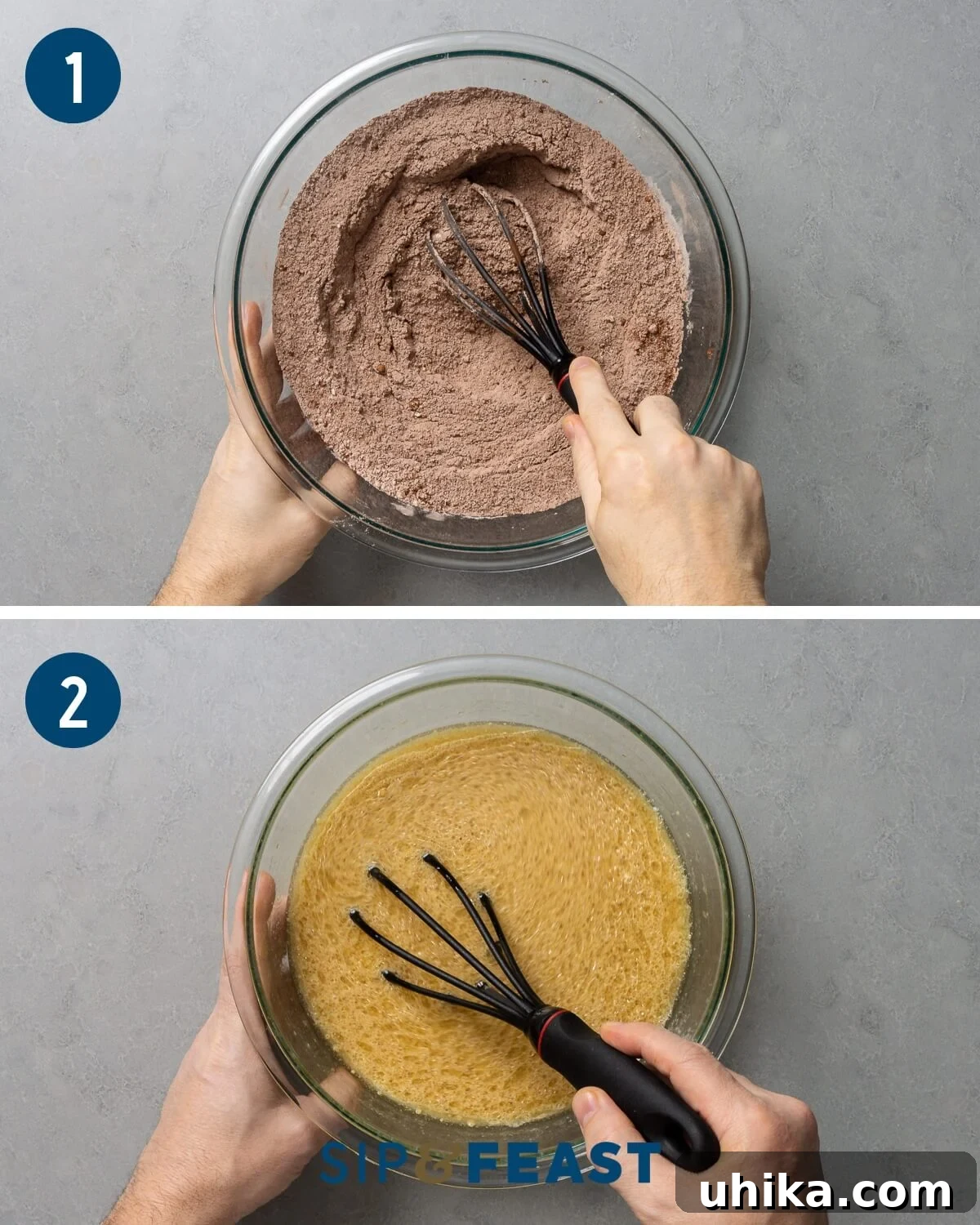 Velvet Guinness Chocolate Cake with Baileys Irish Cream Frosting 5 Collage showing the first two steps: Photo 1 shows dry ingredients being mixed in a large bowl. Photo 2 shows wet ingredients being whisked in a separate large bowl.