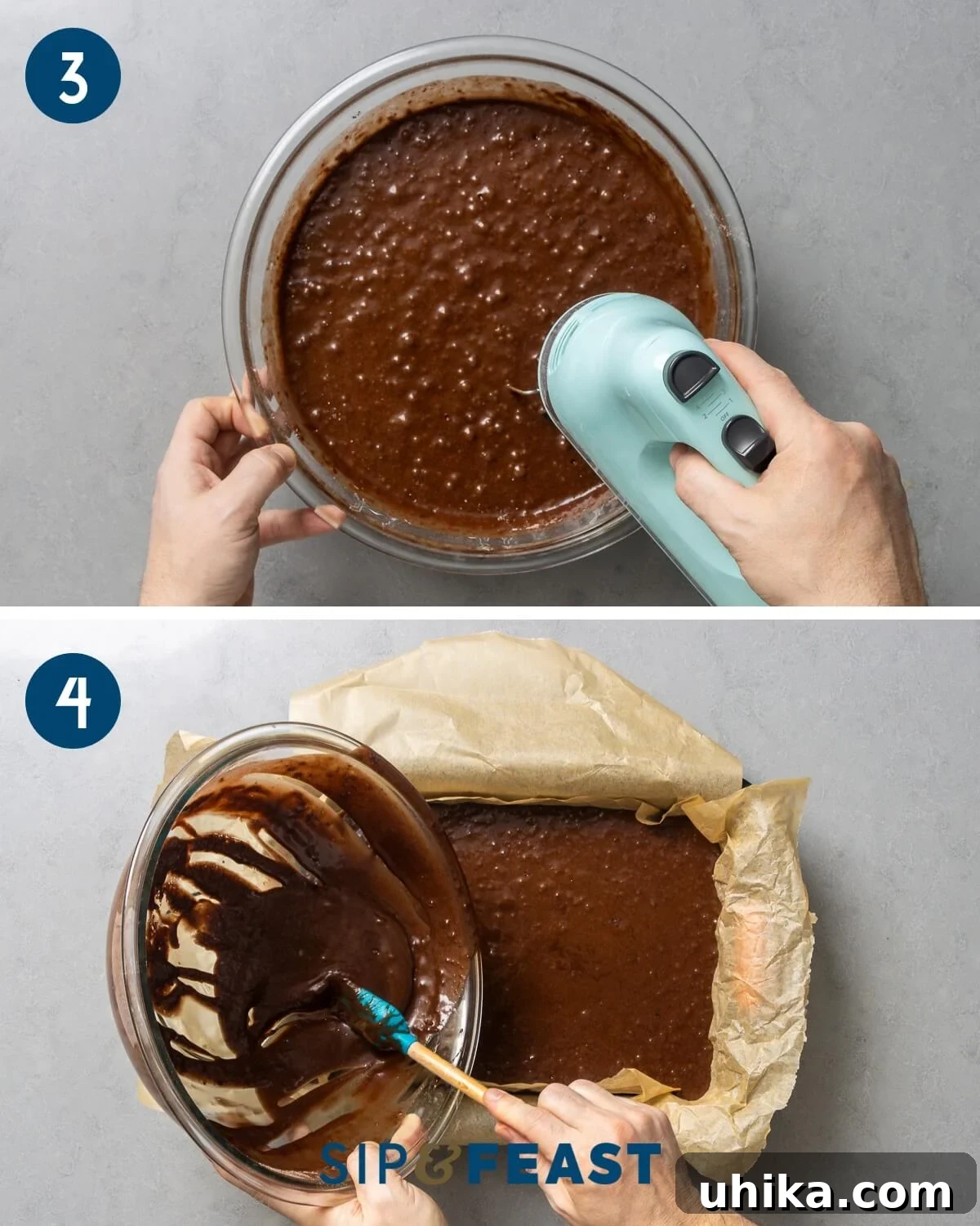 Velvet Guinness Chocolate Cake with Baileys Irish Cream Frosting 6 Collage depicting the next two steps: Photo 3 shows the cake batter being mixed in a bowl. Photo 4 shows the smooth batter being poured into the parchment-lined cake pan.