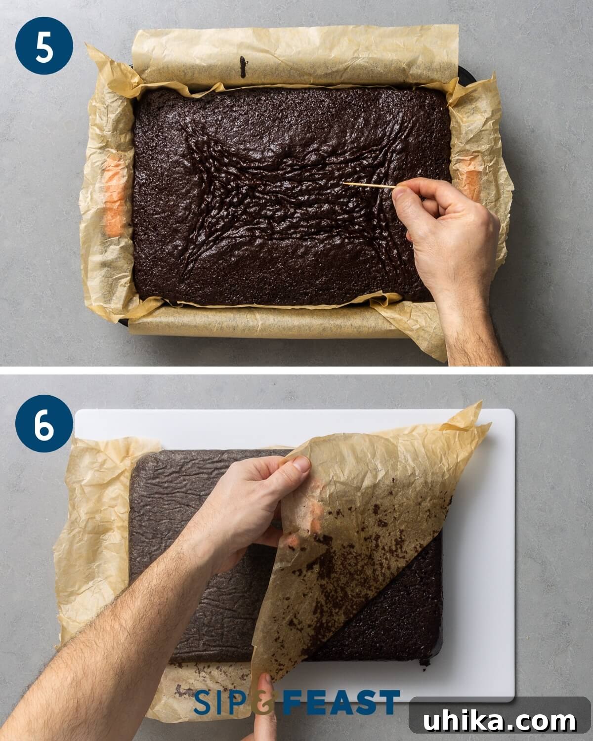 Velvet Guinness Chocolate Cake with Baileys Irish Cream Frosting 7 Collage illustrating the final two steps of baking the cake: Photo 5 shows a toothpick being inserted into the cake to test doneness. Photo 6 shows the baked cake being inverted onto a wire rack and the parchment paper being removed.