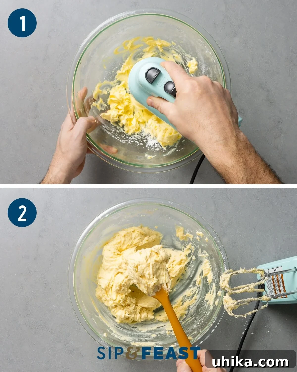 Velvet Guinness Chocolate Cake with Baileys Irish Cream Frosting 8 Collage showing the first two steps for the Baileys frosting: Photo 1 illustrates creaming softened butter in a mixer. Photo 2 shows all frosting ingredients mixed to a creamy consistency.
