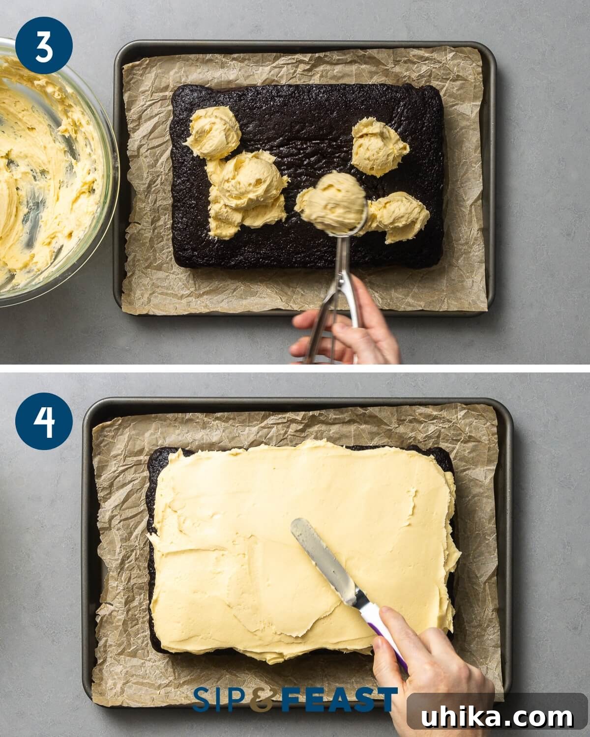 Velvet Guinness Chocolate Cake with Baileys Irish Cream Frosting 9 Recipe process collage for frosting the cake: Photo 3 shows frosting being scooped onto the cooled cake. Photo 4 shows the frosting being spread evenly with an offset spatula and decorative sprinkles added.