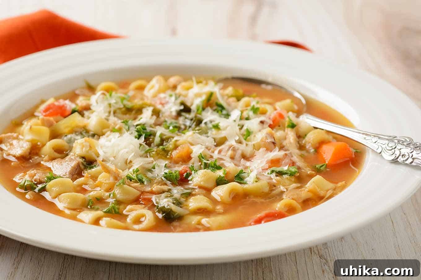 Italian Chicken Soup for Instant Pot and Stovetop 4 A close-up view of Italian chicken soup with chunks of chicken, ditalini pasta, carrots, escarole, chopped tomatoes, grated Parmesan, and parsley.
