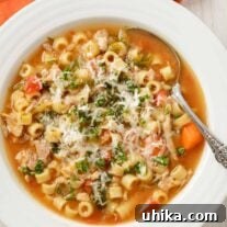 A bowl of Italian chicken soup with ditalini, carrots, escarole, and chicken, sprinkled with grated parmesan cheese and chopped fresh parsley.