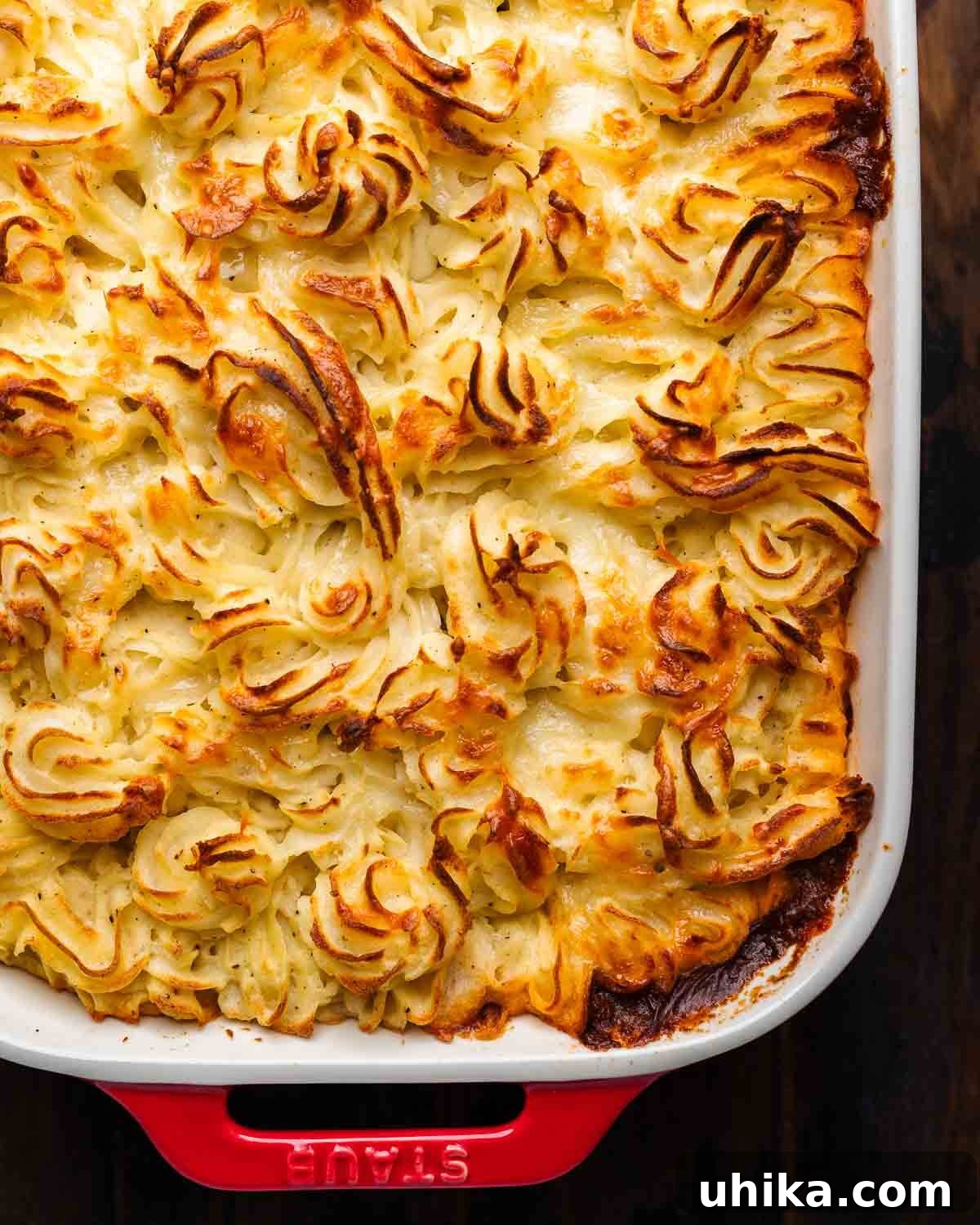 Slow-Braised Short Rib Cottage Pie 2 Overhead shot of cottage pie in red baking dish, showcasing the golden mashed potato topping and rich filling.