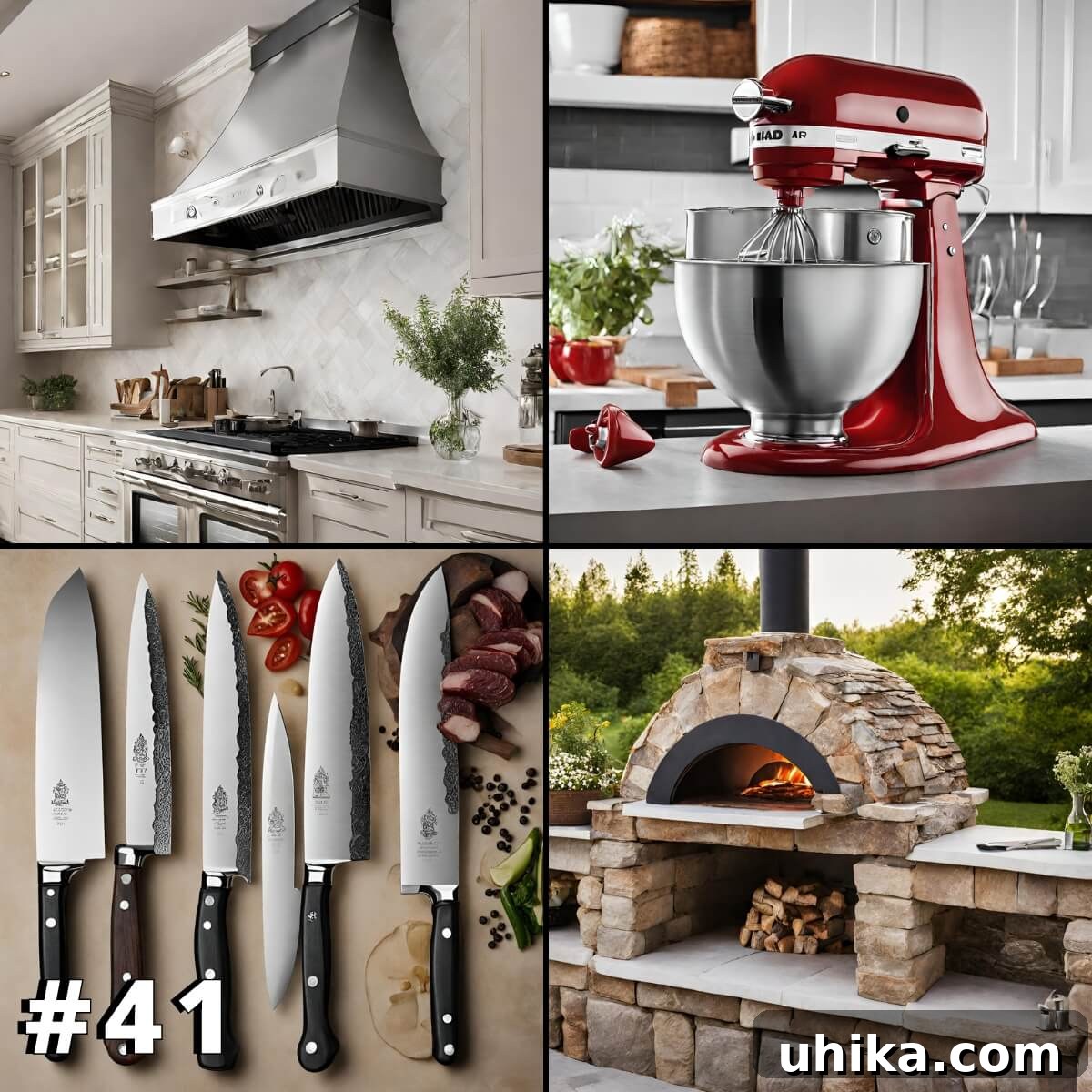 Don't Buy These High-End Kitchen Gadgets: A Taste Test Review 2 Collage with pics of range hood, stand mixer, knives, and pizza oven.