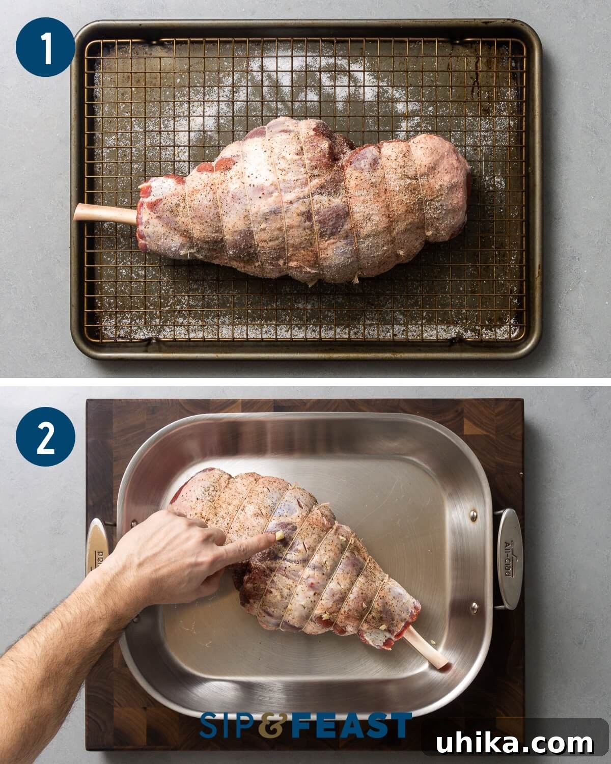 Succulent Greek Slow-Roasted Lamb Leg with Lemon-Herb Potatoes 4 First stage of Greek leg of lamb recipe showing lamb dry brining on a wire rack, followed by inserting garlic slivers into the lamb.