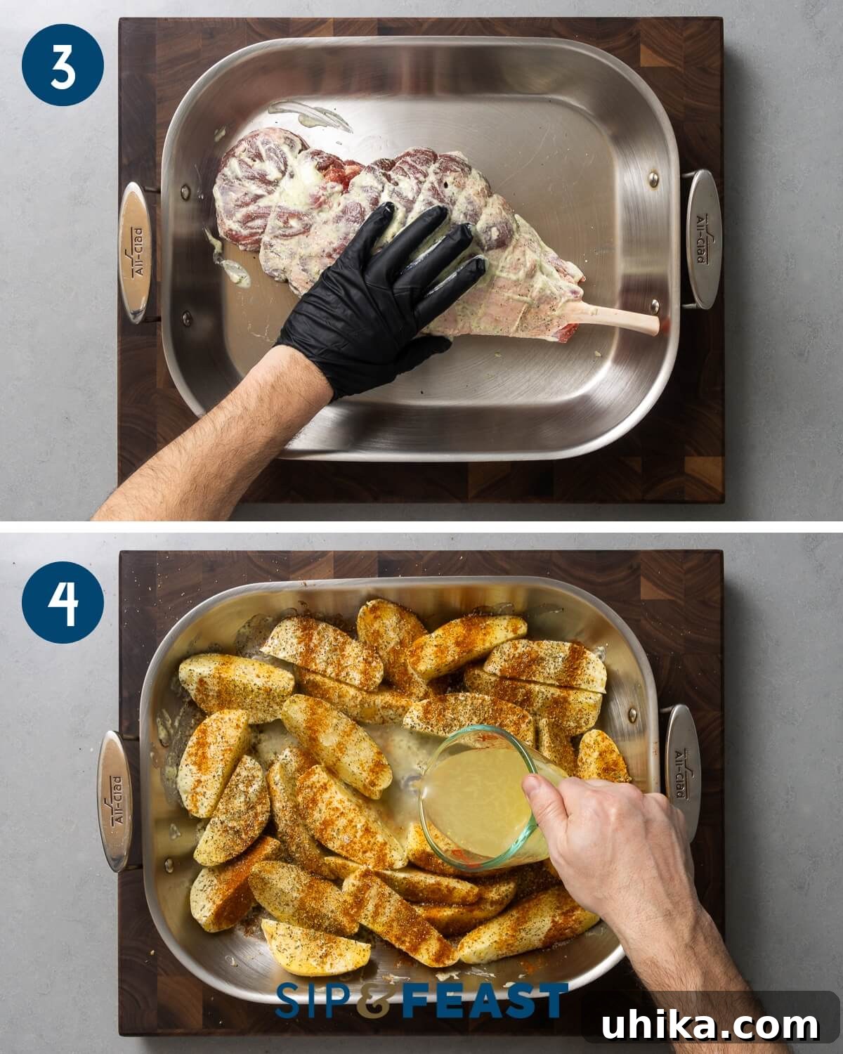 Succulent Greek Slow-Roasted Lamb Leg with Lemon-Herb Potatoes 5 Second stage of Greek leg of lamb recipe showing marinated lamb being rubbed, followed by seasoning potato wedges in a roasting pan with marinade and spices.