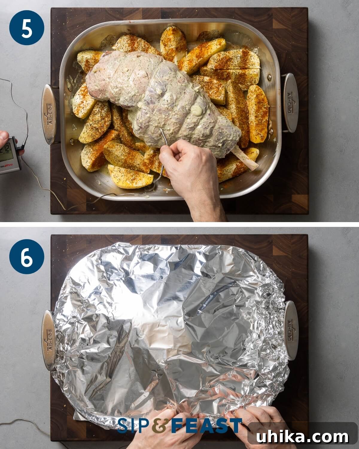 Succulent Greek Slow-Roasted Lamb Leg with Lemon-Herb Potatoes 6 Third stage of Greek leg of lamb recipe showing an oven-safe thermometer inserted into the lamb, and the roasting pan being tightly covered with foil.