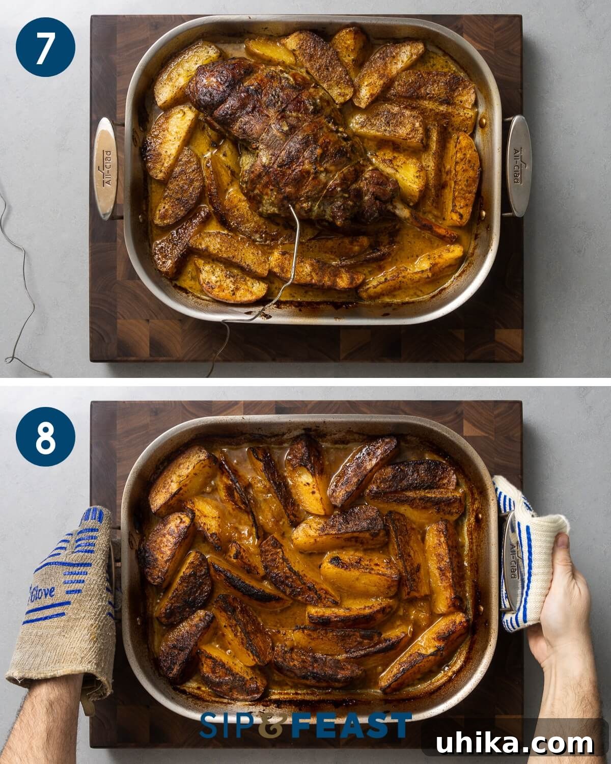 Succulent Greek Slow-Roasted Lamb Leg with Lemon-Herb Potatoes 7 Fourth stage of Greek leg of lamb recipe showing the fully cooked, browned lamb and potatoes in the roasting pan.