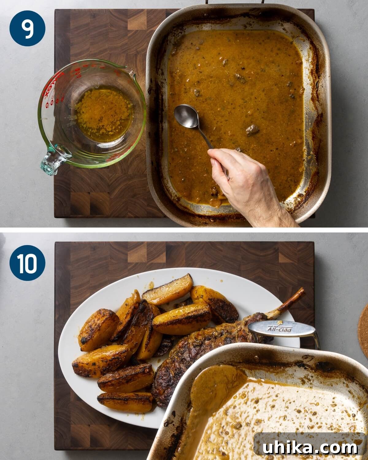 Succulent Greek Slow-Roasted Lamb Leg with Lemon-Herb Potatoes 8 Fifth stage of Greek leg of lamb recipe showing degreasing the pan sauce and pouring the finished sauce over the lamb and potatoes on a platter.