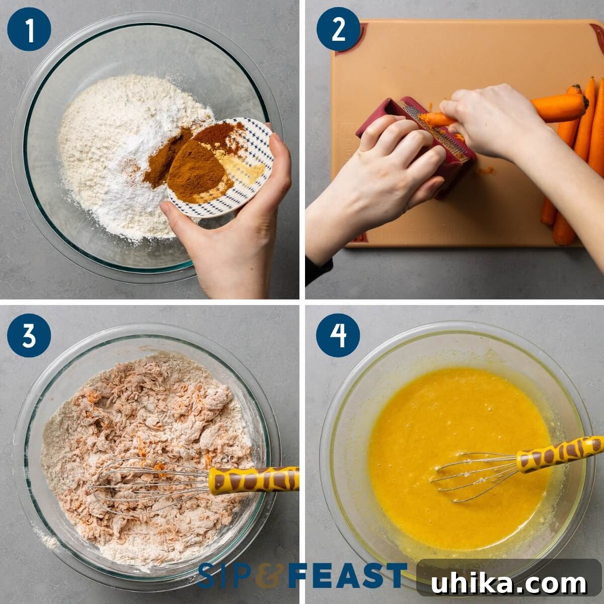 Carrot Cake Bliss 5 A four-panel collage showing the first steps of making carrot cake: 1. Combining dry ingredients in a bowl. 2. Grating fresh carrots with a box grater. 3. Mixing grated carrots into the dry ingredient mixture. 4. Whisking wet ingredients (sugars, oil, eggs, vanilla) in a separate bowl.