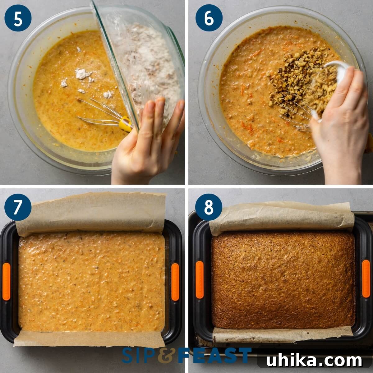 Carrot Cake Bliss 6 A four-panel collage showing the baking process for carrot cake: 1. Combining wet and dry ingredients in a mixer. 2. Mixing the ingredients until just combined. 3. Folding walnuts into the batter. 4. Pouring the finished batter into a parchment-lined baking pan, and a final image of the cooked cake cooling.