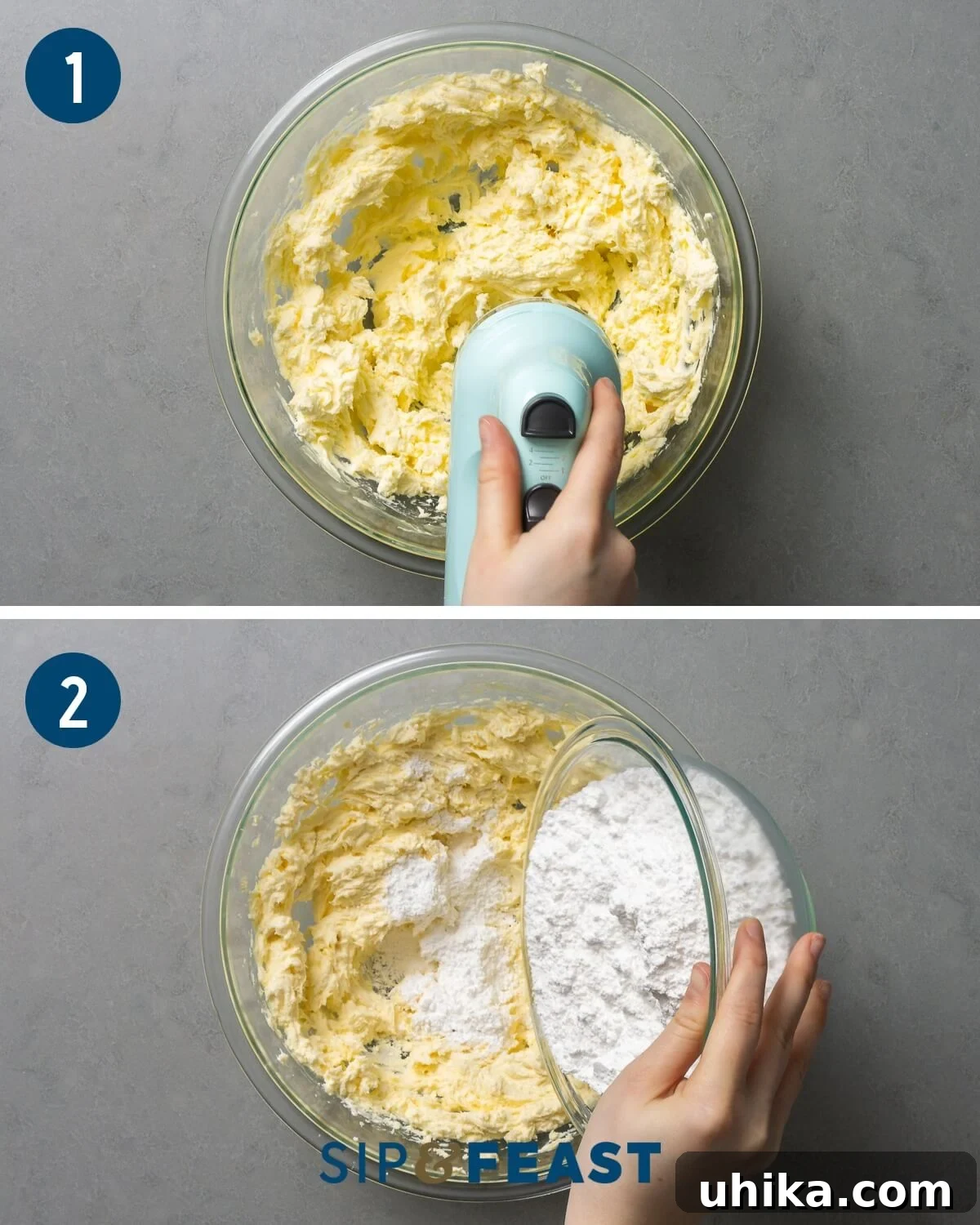 Carrot Cake Bliss 7 A two-panel collage showing the initial steps of making cream cheese frosting: 1. Creaming together butter and cream cheese in a stand mixer. 2. Gradually adding powdered sugar to the creamy butter and cream cheese mixture.