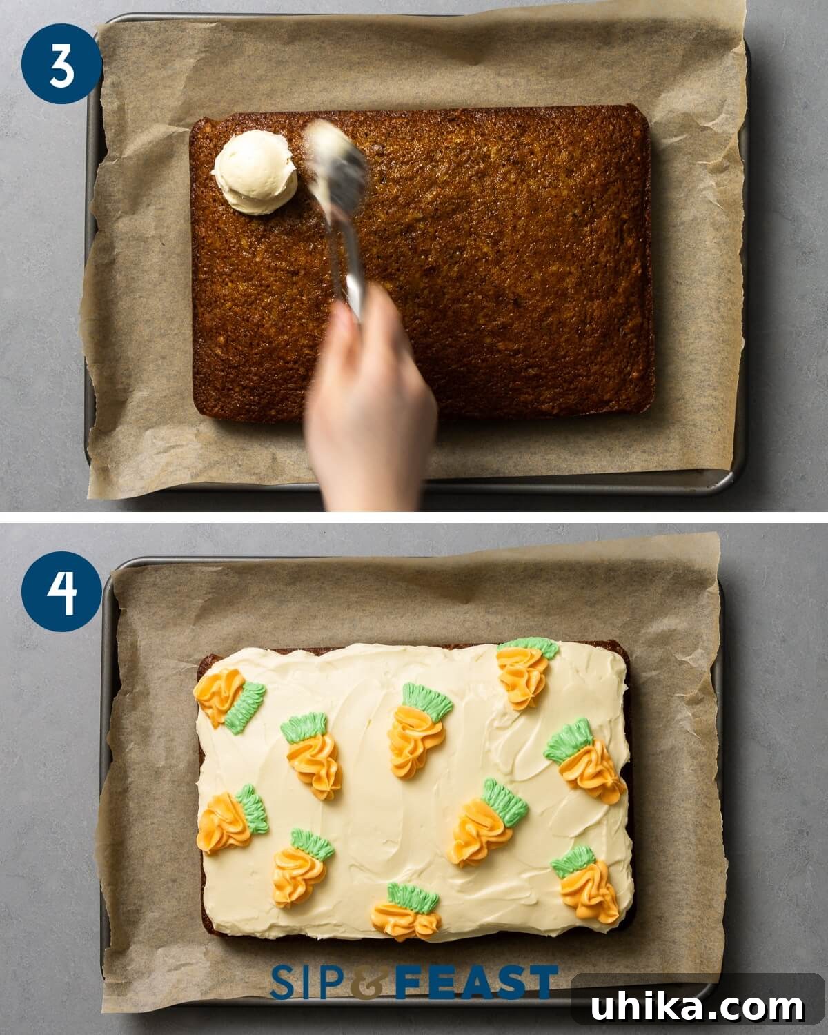 Carrot Cake Bliss 8 A two-panel collage showing the final stages of frosting a carrot cake: 1. Using an ice cream scoop to dollop cream cheese frosting onto the cooled cake. 2. The finished carrot cake, beautifully frosted and decorated with small piped frosting carrots on top.
