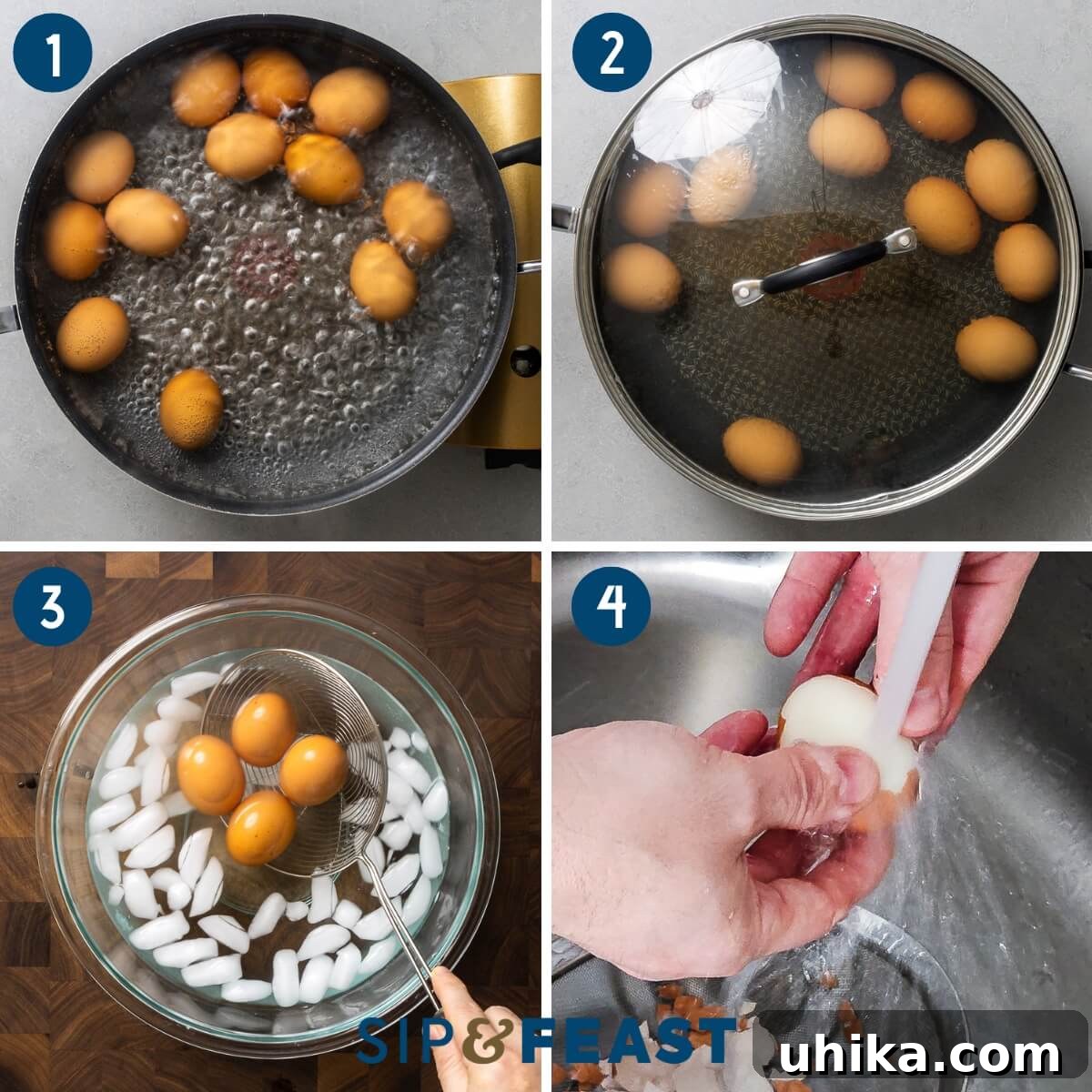 Timeless Deviled Eggs 4 A collage showing the process of making deviled eggs: Photo 1 illustrates eggs boiling in a pot, Photo 2 shows eggs being transferred to an ice bath, and Photo 3 captures the easy peeling of hard-boiled eggs under cold running water.
