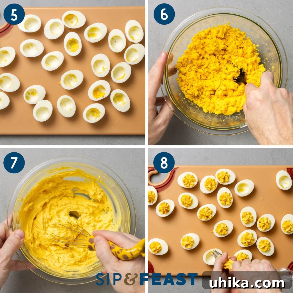 Timeless Deviled Eggs 5 A recipe process collage illustrating the filling stage of deviled eggs: Photo 1 shows removing yolks from hard-boiled egg whites, Photo 2 depicts mashing and mixing yolks with ingredients in a bowl, and Photo 3 features the finished yolk mixture being piped into egg white halves using a piping bag.
