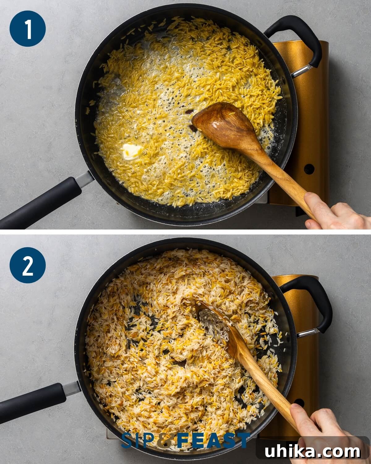 Aromatic Buttered Rice 4 Pirinç pilavı yapımının ilk adımlarını gösteren bir kolaj: arpa şehriyesini tereyağında kavurma, ardından yıkanmış pirinci ekleyip kaplama.