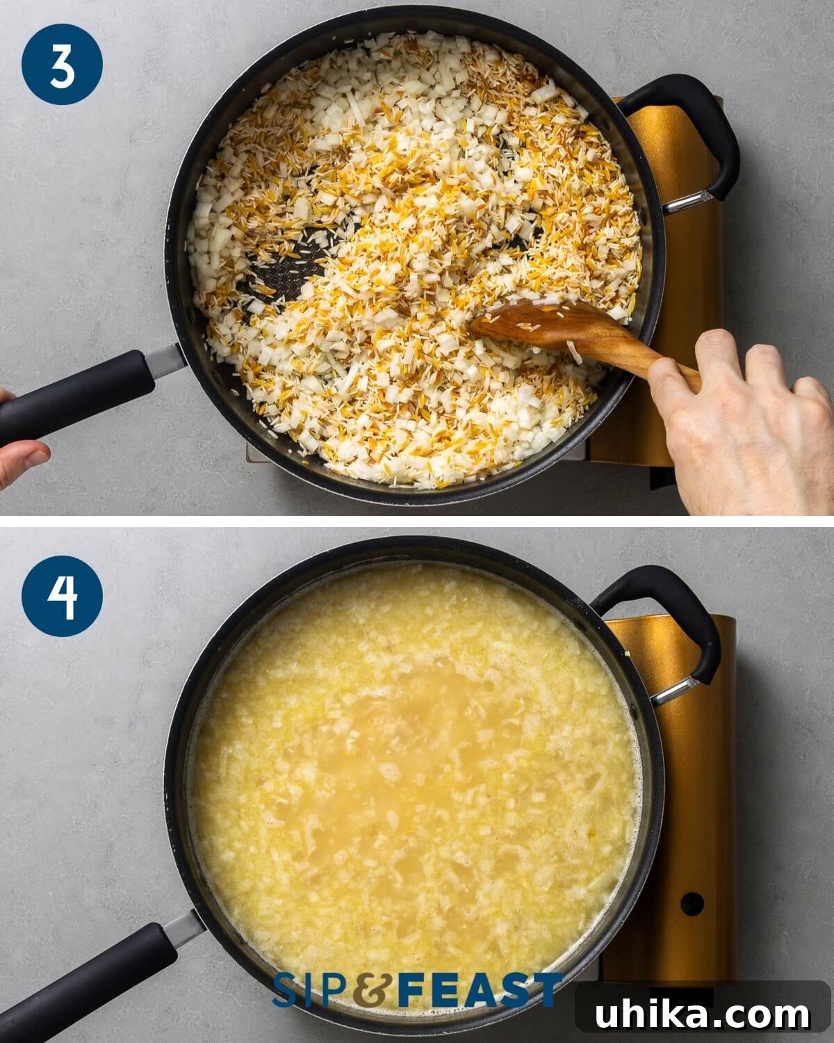 Aromatic Buttered Rice 5 Pirinç karışımına soğan ekleme ve ardından tencereye tavuk suyu dökerek demleme sürecini gösteren tarif kolajı.