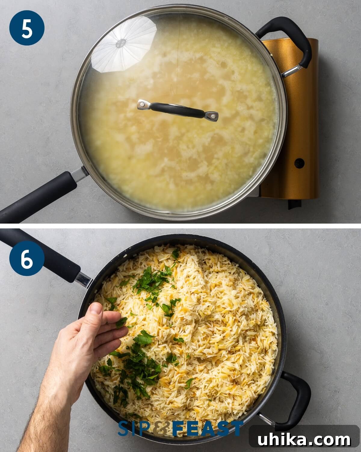 Aromatic Buttered Rice 6 Tarif kolajı, kapağı kapalı pirinci pişirme ve ardından kabartılmış pilavı maydanozla süslemeyi gösteriyor.