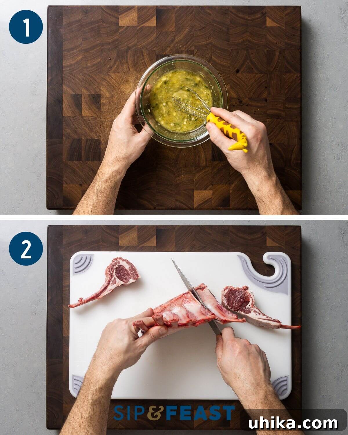 Chargrilled Lamb Rib Chops with Zesty Lemon Garlic 4 Grilled lemon garlic lamb rib chops recipe collage group one showing mixing of marinade and cutting rack of lamb into rib chops.